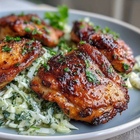 Golden-brown Keto Crispy Chicken Thighs with Lemon Butter Cabbage Slaw sit oven-roasted and juicy on a rustic platter.