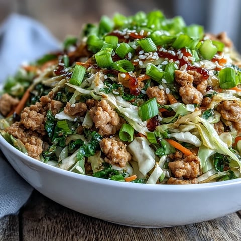Steaming Keto Egg Roll in a Bowl with Ground Turkey and sesame oil in a hot skillet with fresh garlic and ginger.