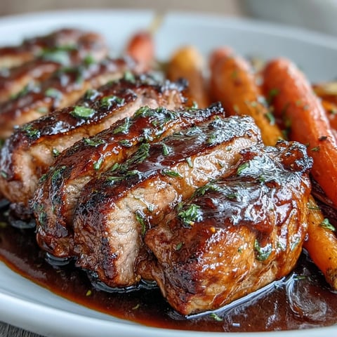 Golden-brown One-Pan Honey Balsamic Pork Tenderloin with roasted rainbow carrots on a baking sheet. 