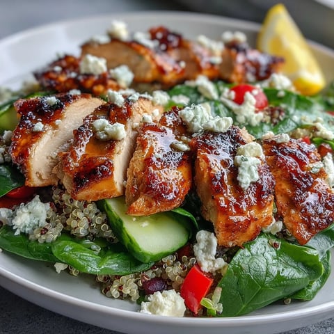 Juicy lemon herb grilled chicken slices rest atop fluffy quinoa and crisp greens, drizzled with tangy dressing in a vibrant salad bowl.