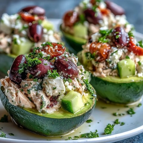 Fresh Mediterranean Tuna Salad Stuffed Avocados served chilled in halves, garnished with vibrant parsley and crumbled feta cheese.