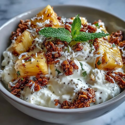 Freshly diced pineapple and crunchy granola top creamy cottage cheese in this vibrant Cottage Cheese Breakfast Bowl.