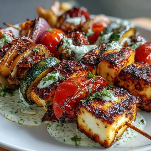 Grilled veggie and halloumi skewers with herb yogurt sauce, featuring colorful vegetables and golden cheese, perfect for summer grilling.