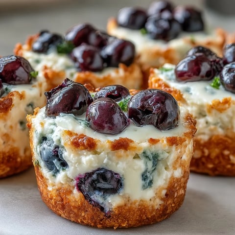 A close-up view of protein-rich mini cottage cheese blueberry bites with golden tops and juicy berries bursting from each muffin cup.