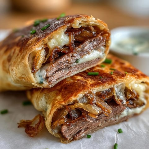 Crispy tortilla roll ups filled with tender roast beef, melted provolone, and crunchy fried onions, baked golden and served with warm au jus for dipping.  