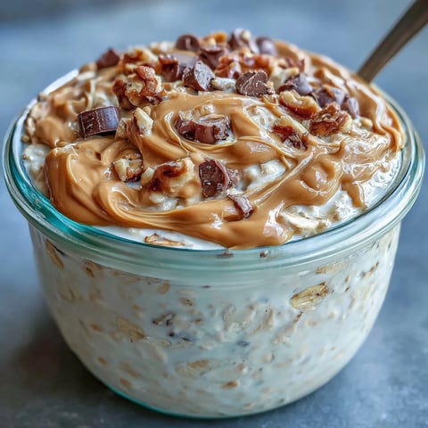 Creamy overnight oats with peanut butter and chocolate chips, perfect for a quick, satisfying breakfast.