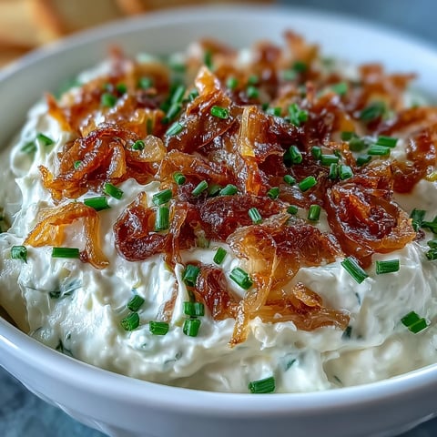 Creamy caramelized onion dip with sour cream and fresh chives, served with crispy potato chips and colorful crudités.  