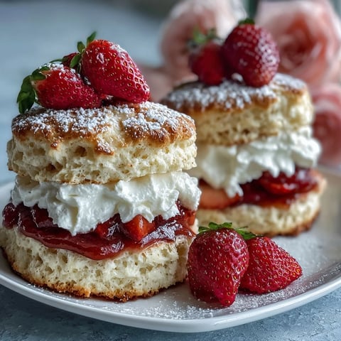 A romantic Valentine's Day dessert with golden shortcakes, fresh strawberries, and fluffy whipped cream.  