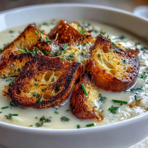 Creamy Leek and Potato Soup with Sourdough Croutons, a comforting bowl of velvety soup topped with golden, herb-seasoned sourdough croutons.