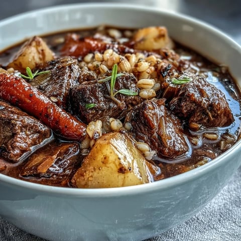 Hearty one-pot Guinness beef and barley stew with tender beef, root vegetables, and rich stout broth in a rustic pot.