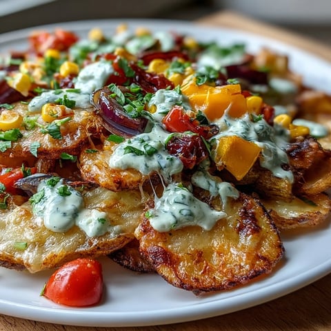 A vibrant platter of crispy potato rounds layered with colorful vegetables, melty cheese, and drizzled with creamy Greek yogurt ranch dressing.