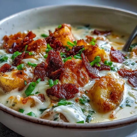 Creamy St. Patrick's Day loaded baked potato soup with crispy bacon, cheddar cheese, and green onions in a bowl.  