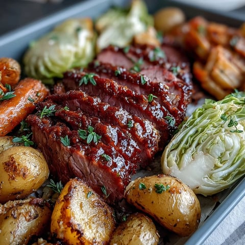 Hearty corned beef and cabbage sheet pan dinner with tender potatoes and carrots, roasted to golden perfection for an easy Irish-American meal.  