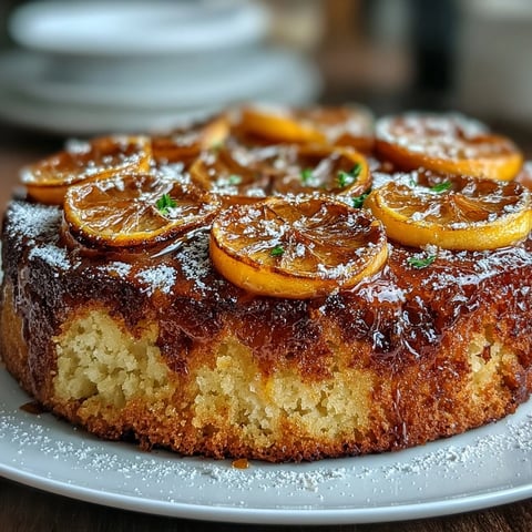 A golden olive oil cake topped with candied orange slices, baked with almond flour for a moist gluten-free dessert.