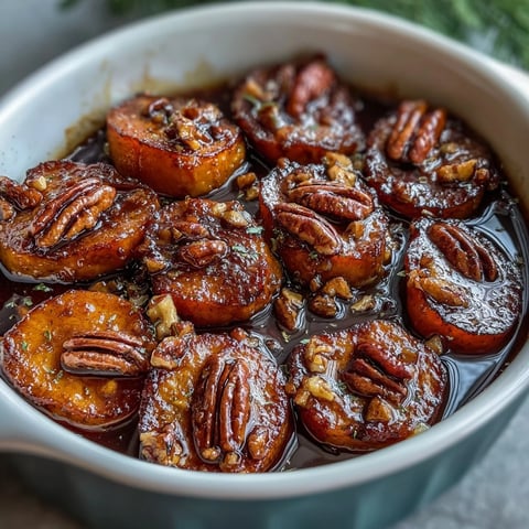 Candied yams with toasted pecans in a buttery brown sugar glaze, perfect for holiday meals or weeknight dinners.
