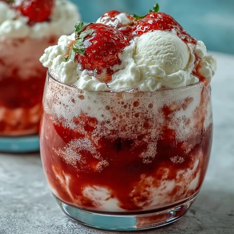 A vibrant strawberry daiquiri float topped with creamy vanilla ice cream and a splash of sparkling water, garnished with fresh mint and lime.