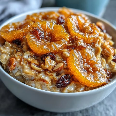 A warm bowl of candied orange oatmeal with cranberries and almonds, garnished with sweet citrus slices and crunchy nuts for a cozy breakfast.