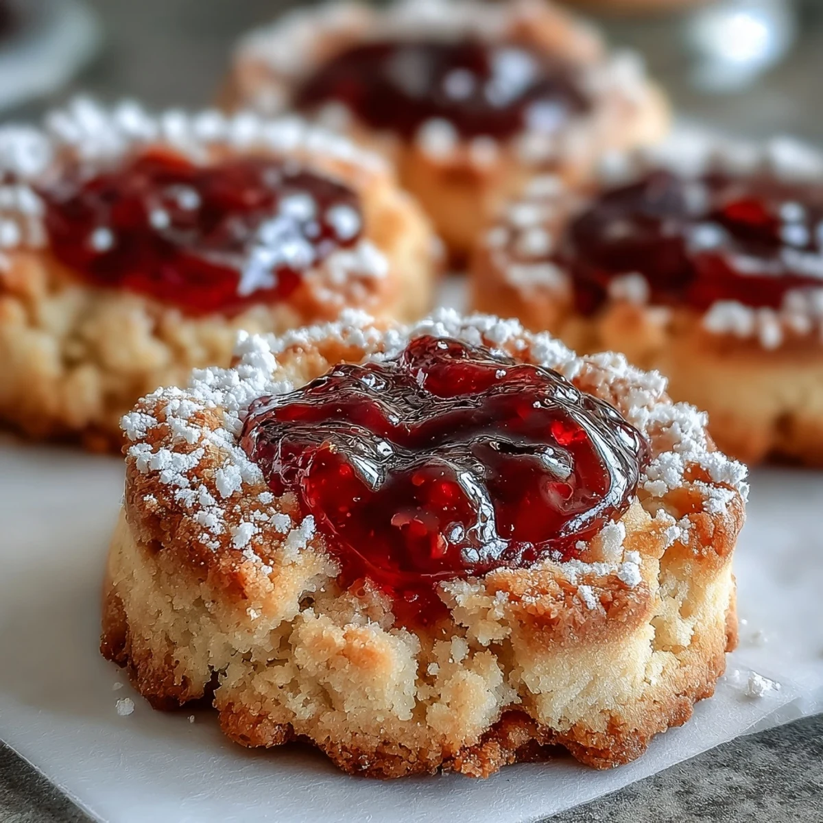 Strawberry Picnic Thumbprint Cookies with sweet jam center on a rustic wooden tray.
