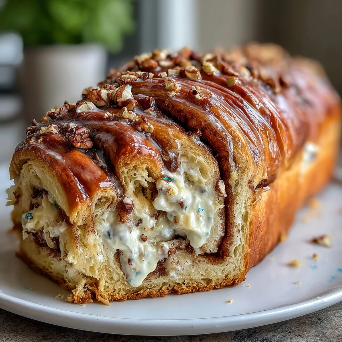 A golden King Cake Cinnamon Babka Loaf with vibrant purple, green, and gold sugar topping, swirled with rich cinnamon and cream cheese filling.