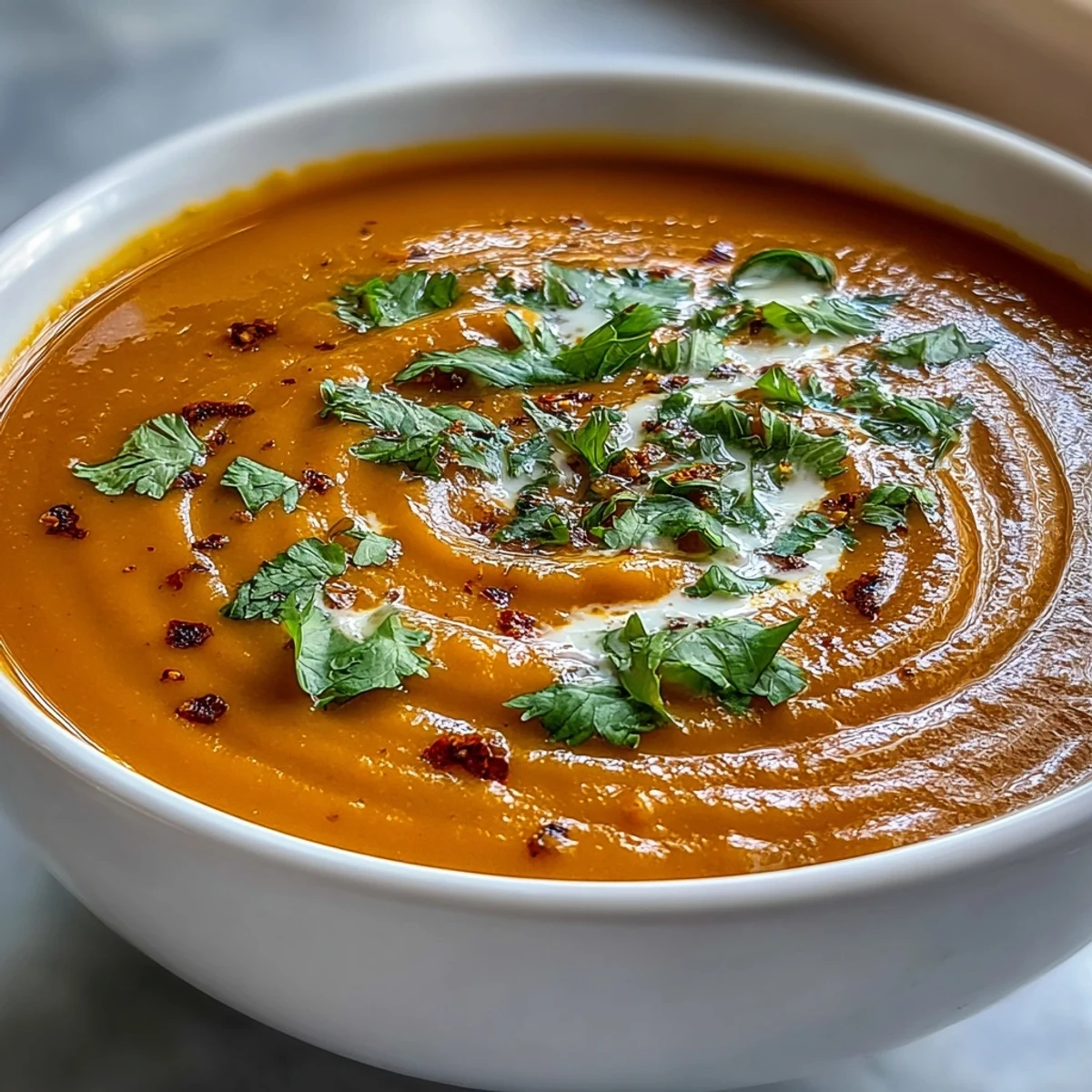 Creamy carrot and orange soup with ginger and coconut milk, garnished with fresh coriander and orange zest, served in a rustic white bowl.