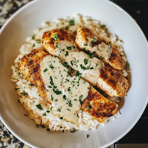 A bowl of rice with chicken and sauce.