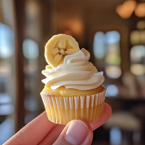 A cupcake with a banana on top.