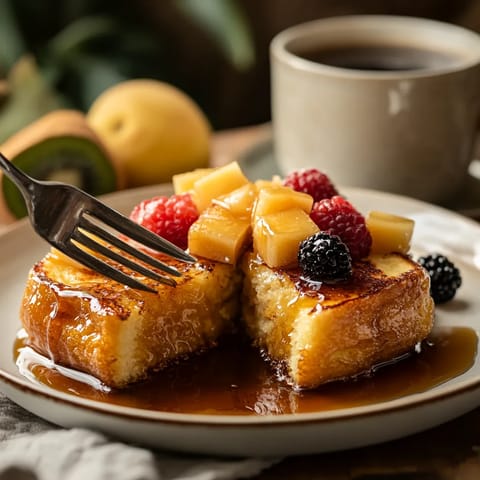 A plate of food with a fork and a cup of coffee.