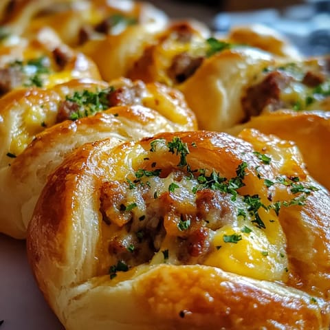 A plate of food with a pastry and meat.