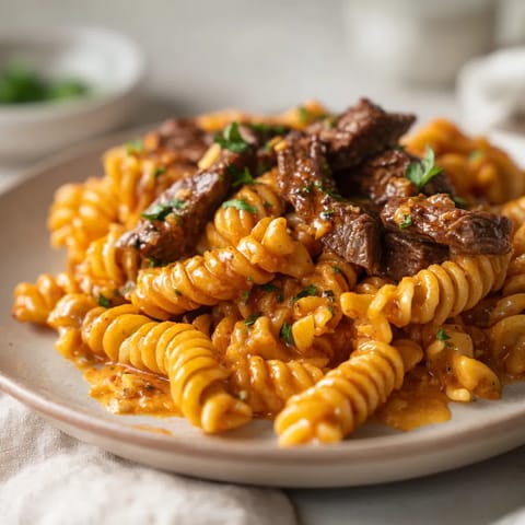 A plate of pasta with meat on top.