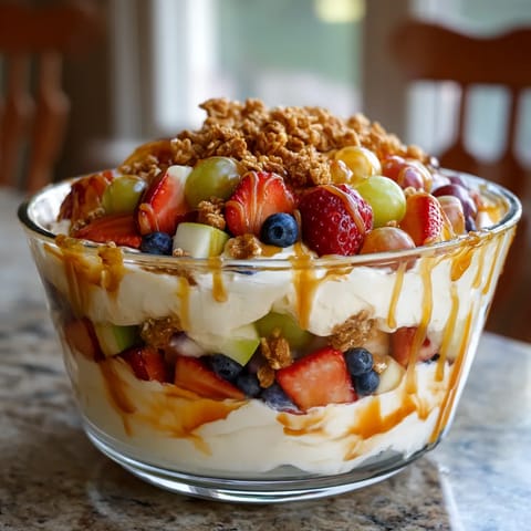 A bowl of fruit with a sauce on top.