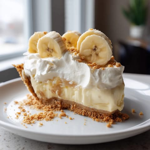 A slice of pie with bananas and whipped cream.
