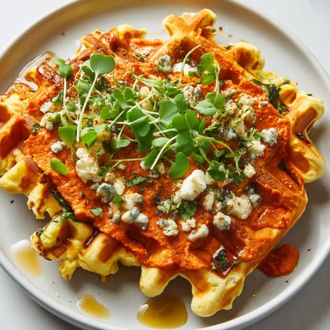 A plate of food with a waffle and blue cheese.