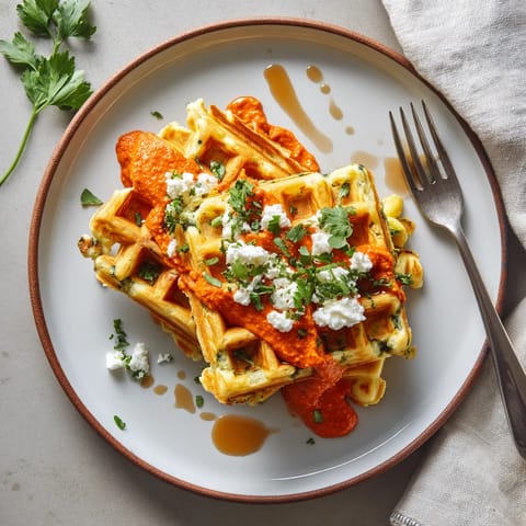 A plate of waffles with sauce and cheese.