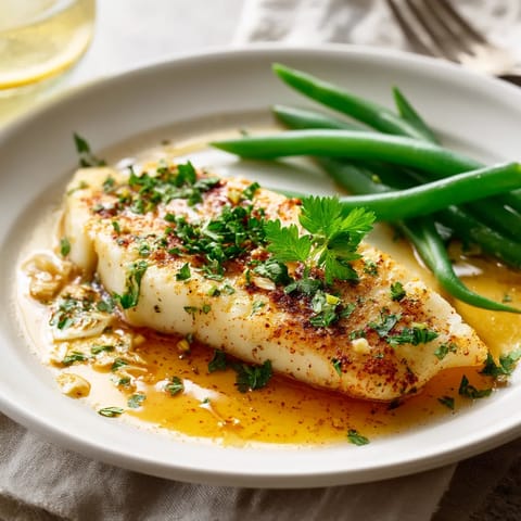A plate of fish with green beans and a lemon wedge.