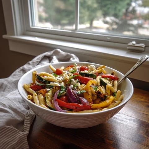 A bowl of pasta salad with tomatoes, onions, and basil.