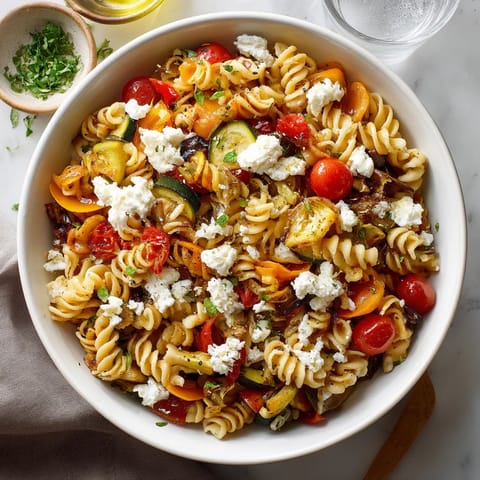 A bowl of pasta with tomatoes, cucumbers, and feta cheese.