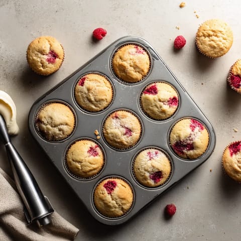 A tray of muffins with raspberries on top.