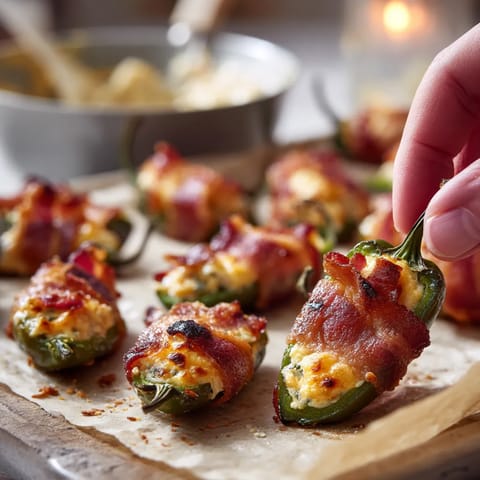 A hand is pointing at a plate of bacon wrapped peppers.