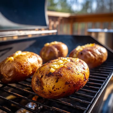Four potatoes on a grill.