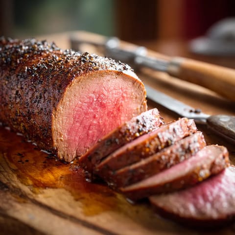 A piece of meat on a wooden cutting board.