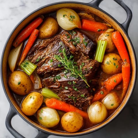 A pot of meat and vegetables.