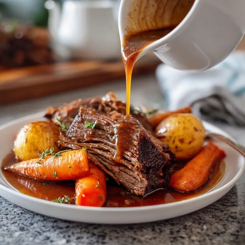 A plate of food with a brown sauce being poured over it.