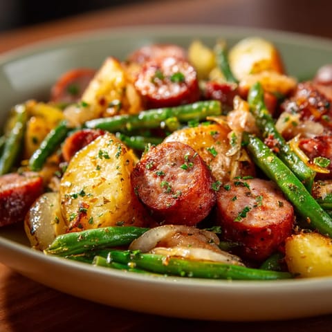 A plate of food with sausage, potatoes, and green beans.