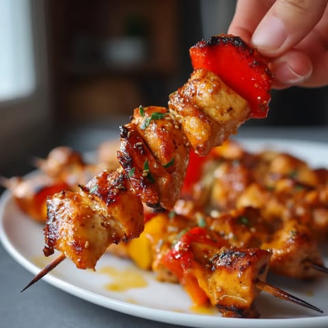 A hand holding a skewer with a piece of meat and a pepper.