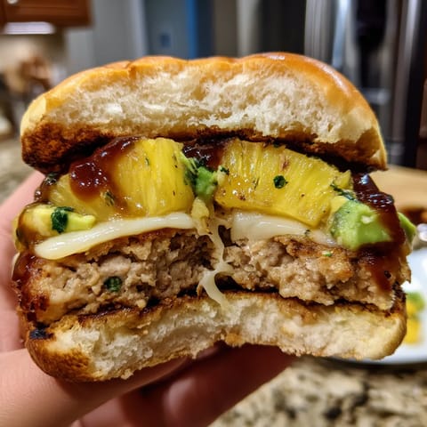 A person is holding a hamburger with pineapple.