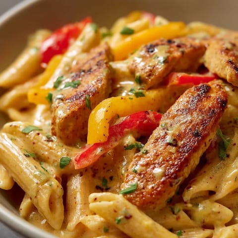 A bowl of pasta with chicken and peppers.