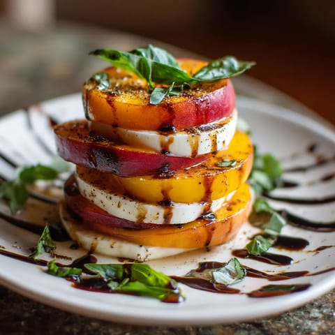 A stack of sliced peaches with basil leaves on top.