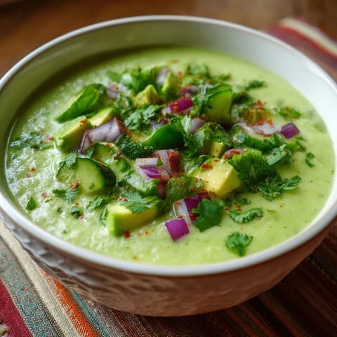 A bowl of soup with avocado and onions.