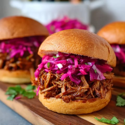 Two sandwiches with pink cabbage on a wooden table.