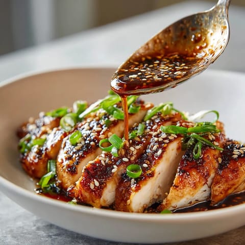 A spoon is pouring sauce over a plate of food.